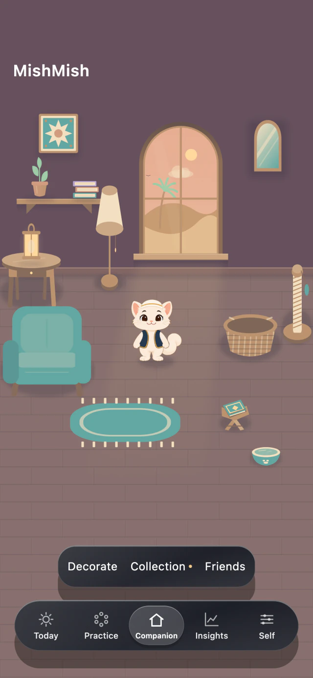 MishMish di kamar Companion berperabot dengan suasana Pro Dawn, kursi berlengan, karpet, dan rehal Al-Qur’an