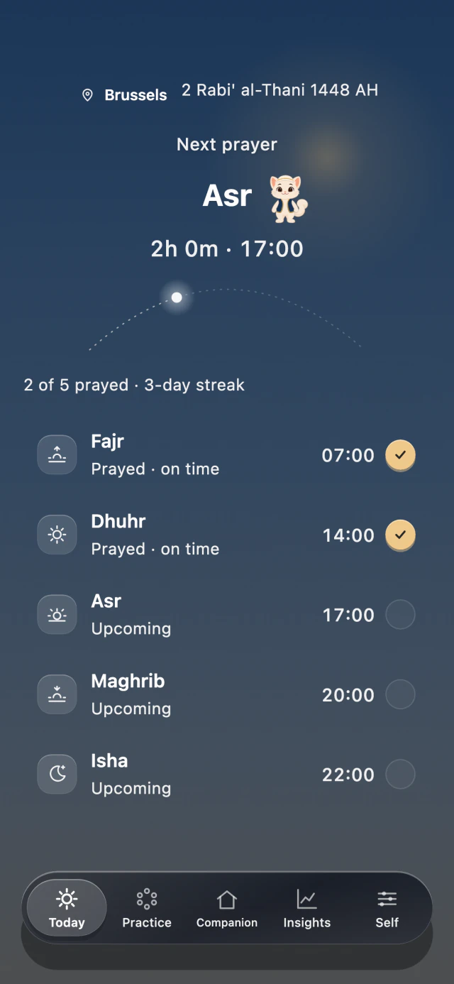 MishMish Today screen with example prayer times and recorded prayers.